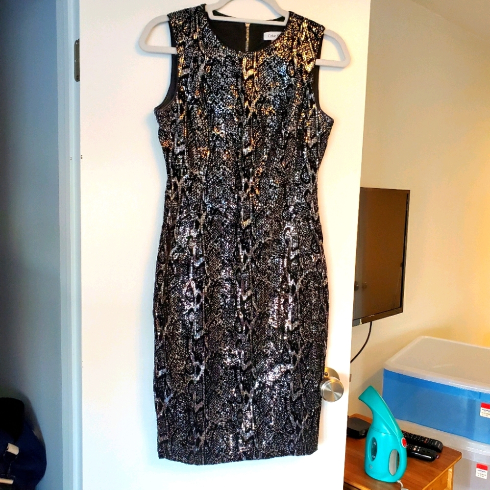 CK Sequin Animal Print Sheath Dress